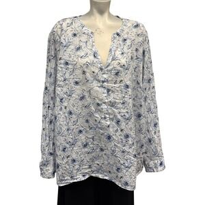 Lane Bryant White Blue Floral Print V‎ Neck Long Sleeve Cotton Blouse Top Plus
